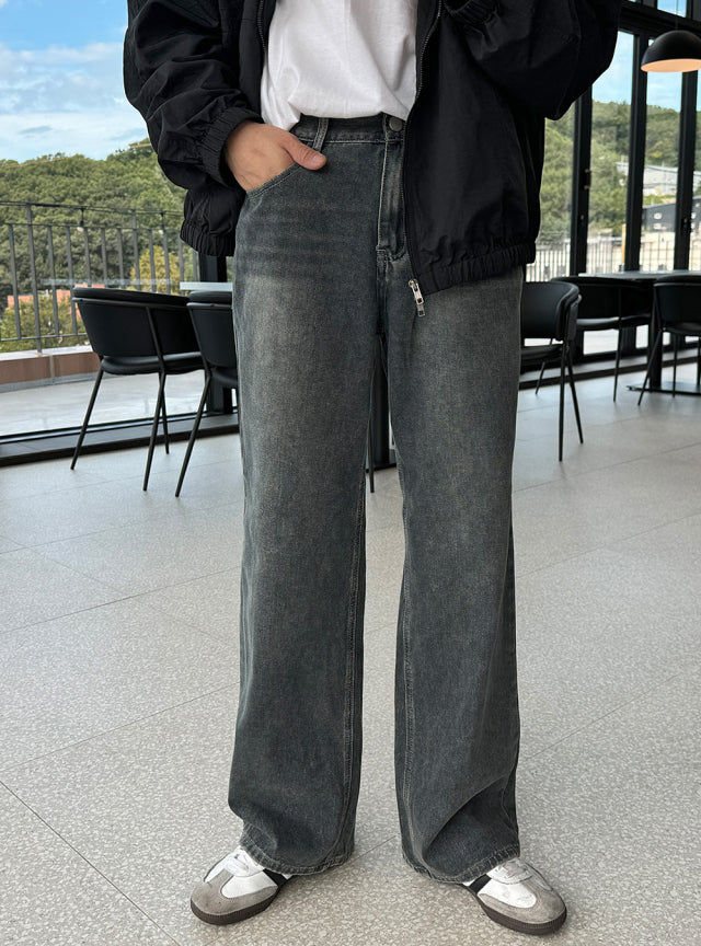 Vintage Brushed-Wash Wide-Leg Denim Pants