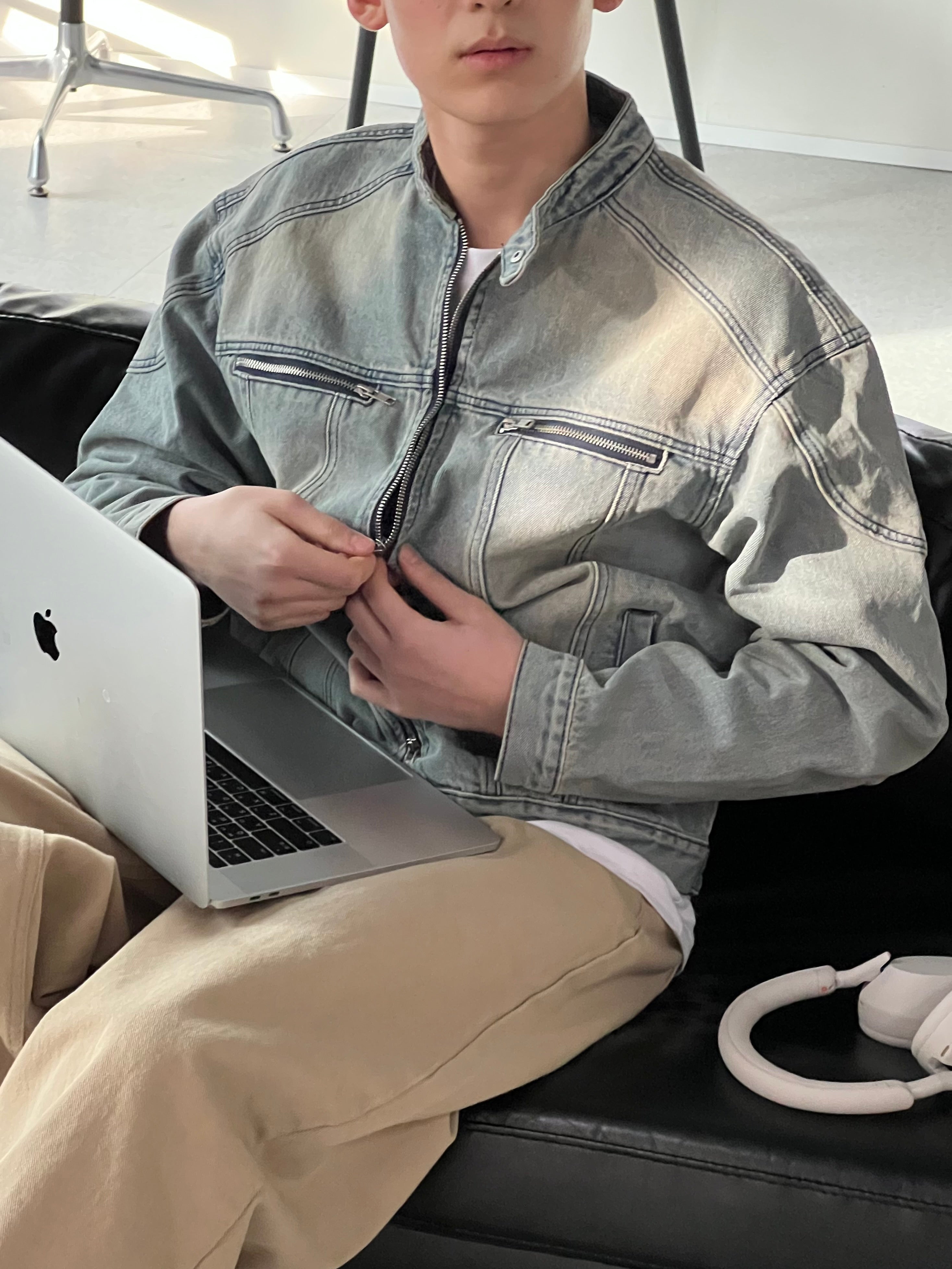 Vintage Washed Denim Biker Jacket