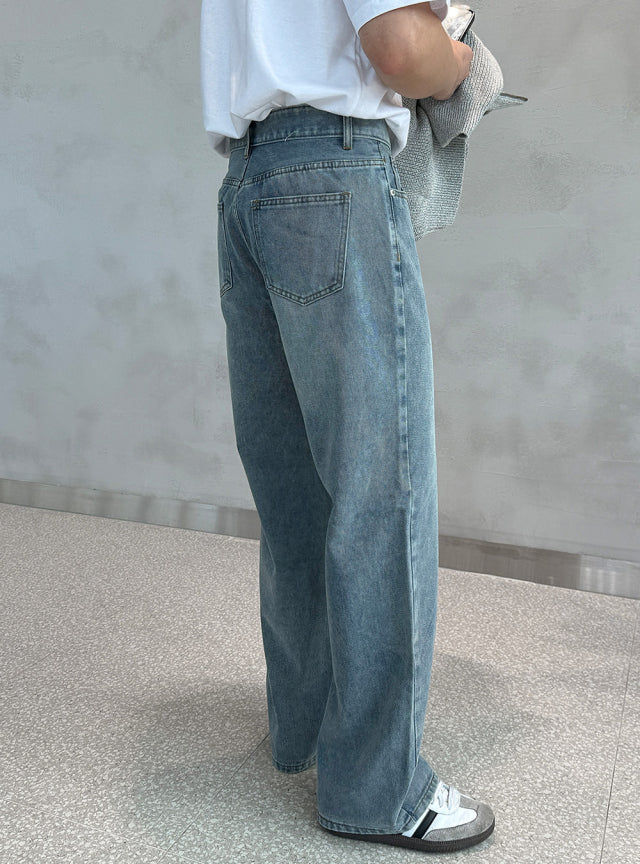 Vintage Brushed-Wash Wide-Leg Denim Pants
