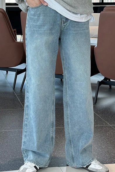 Vintage Brushed-Wash Wide-Leg Denim Pants