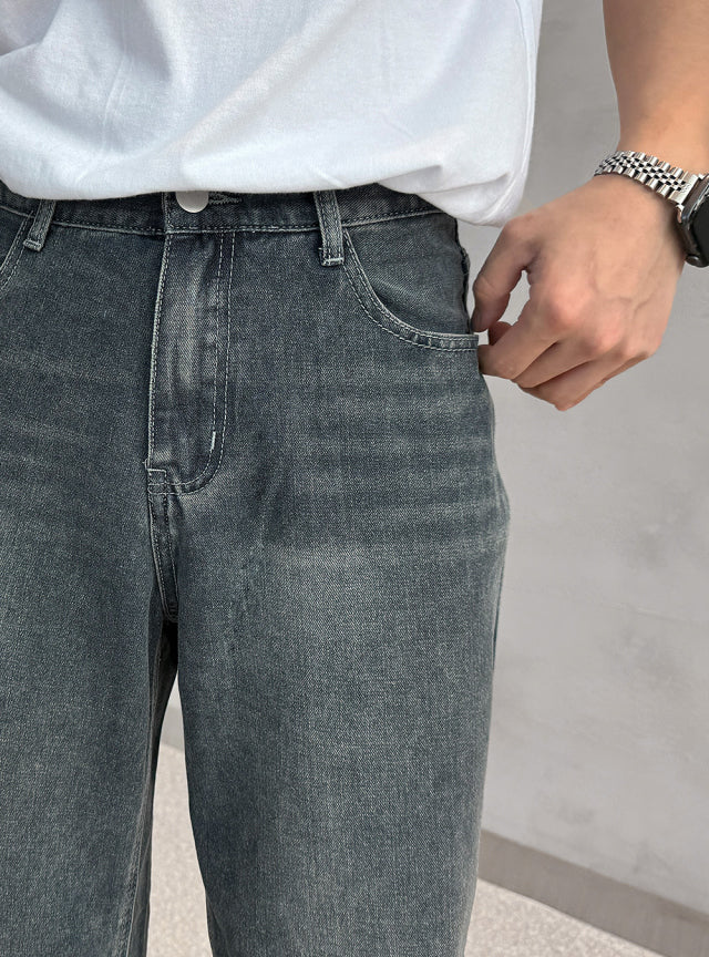 Vintage Brushed-Wash Wide-Leg Denim Pants
