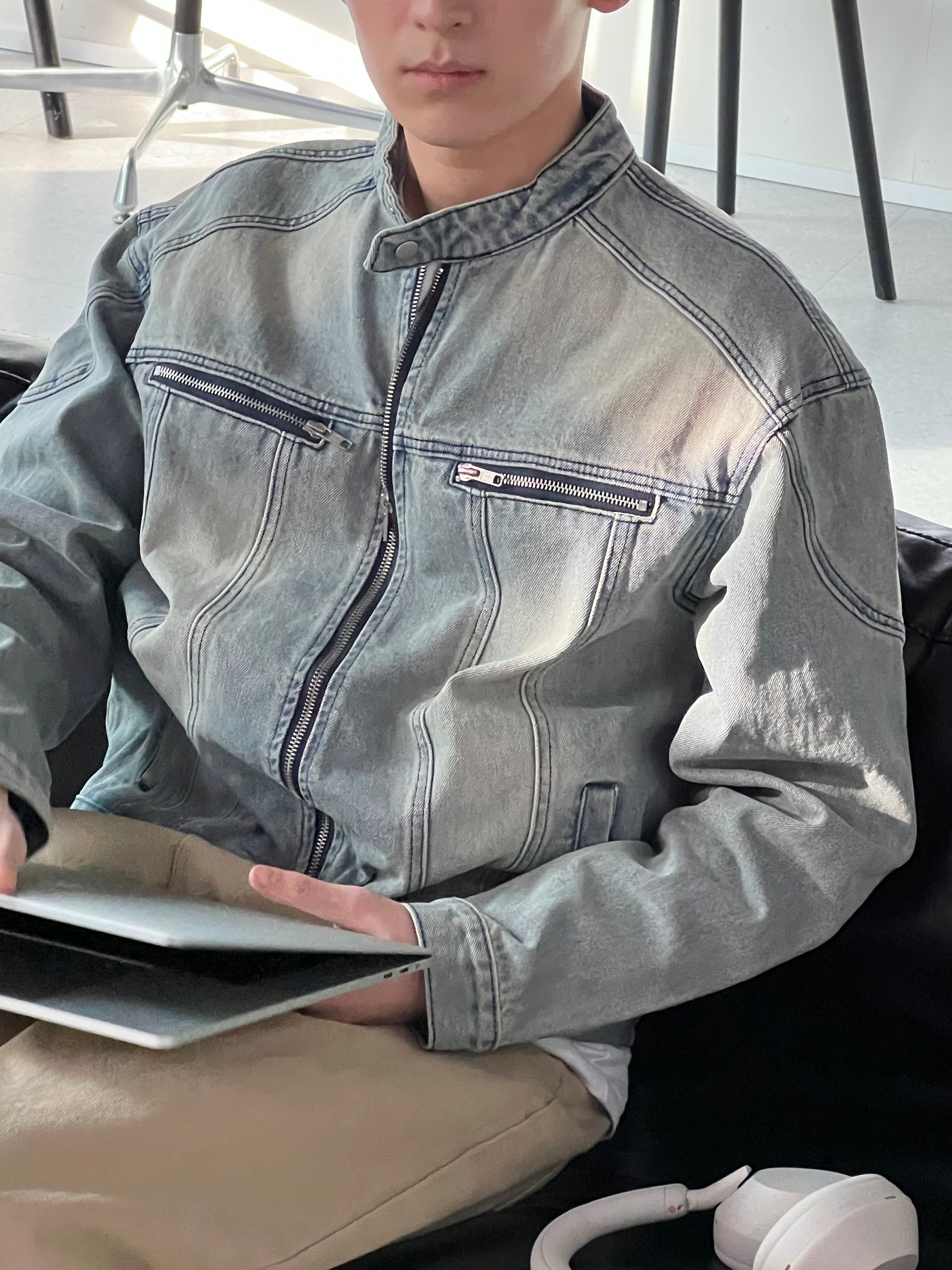 Vintage Washed Denim Biker Jacket