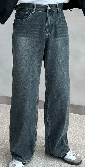 Vintage Brushed-Wash Wide-Leg Denim Pants