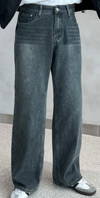 Vintage Brushed-Wash Wide-Leg Denim Pants