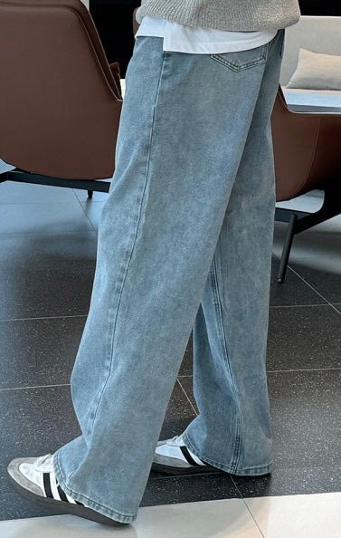 Vintage Brushed-Wash Wide-Leg Denim Pants