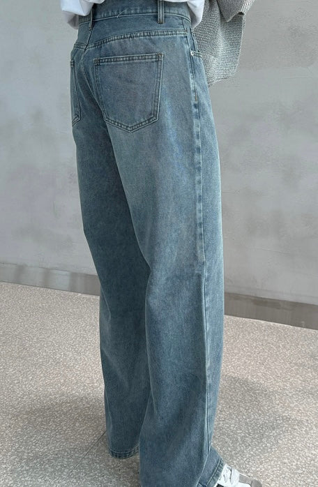 Vintage Brushed-Wash Wide-Leg Denim Pants