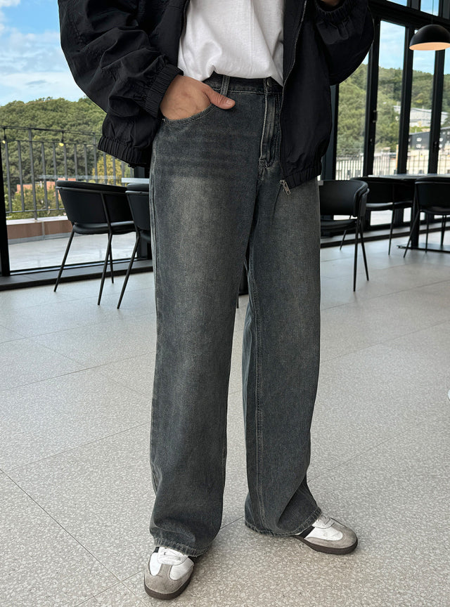 Vintage Brushed-Wash Wide-Leg Denim Pants