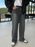 Vintage Brushed-Wash Wide-Leg Denim Pants