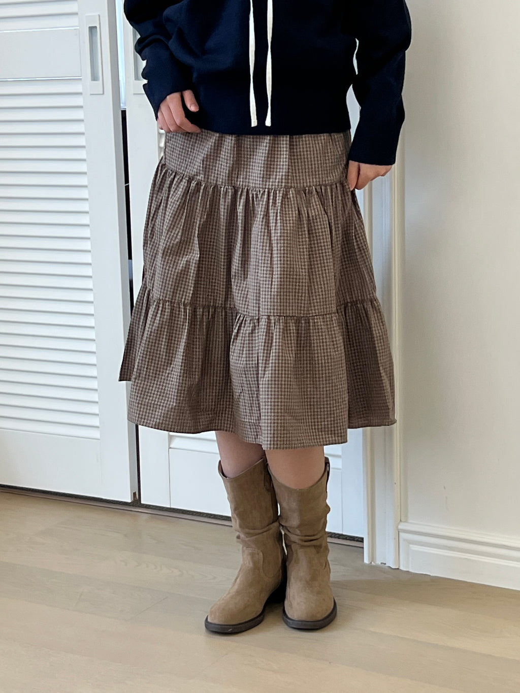 Checked Tiered Midi Skirt