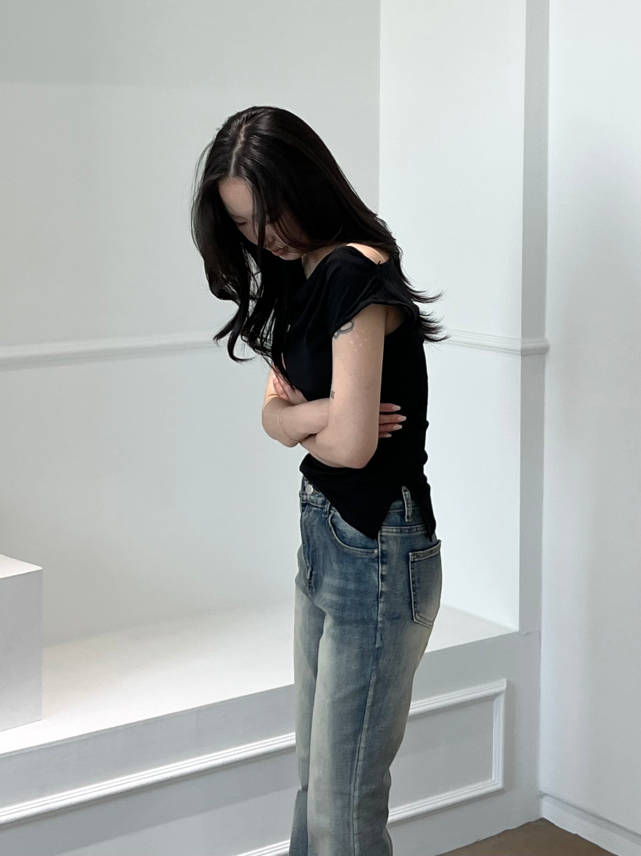 Draped Shirring Boatneck Top