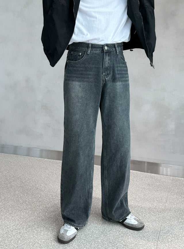 Vintage Brushed-Wash Wide-Leg Denim Pants