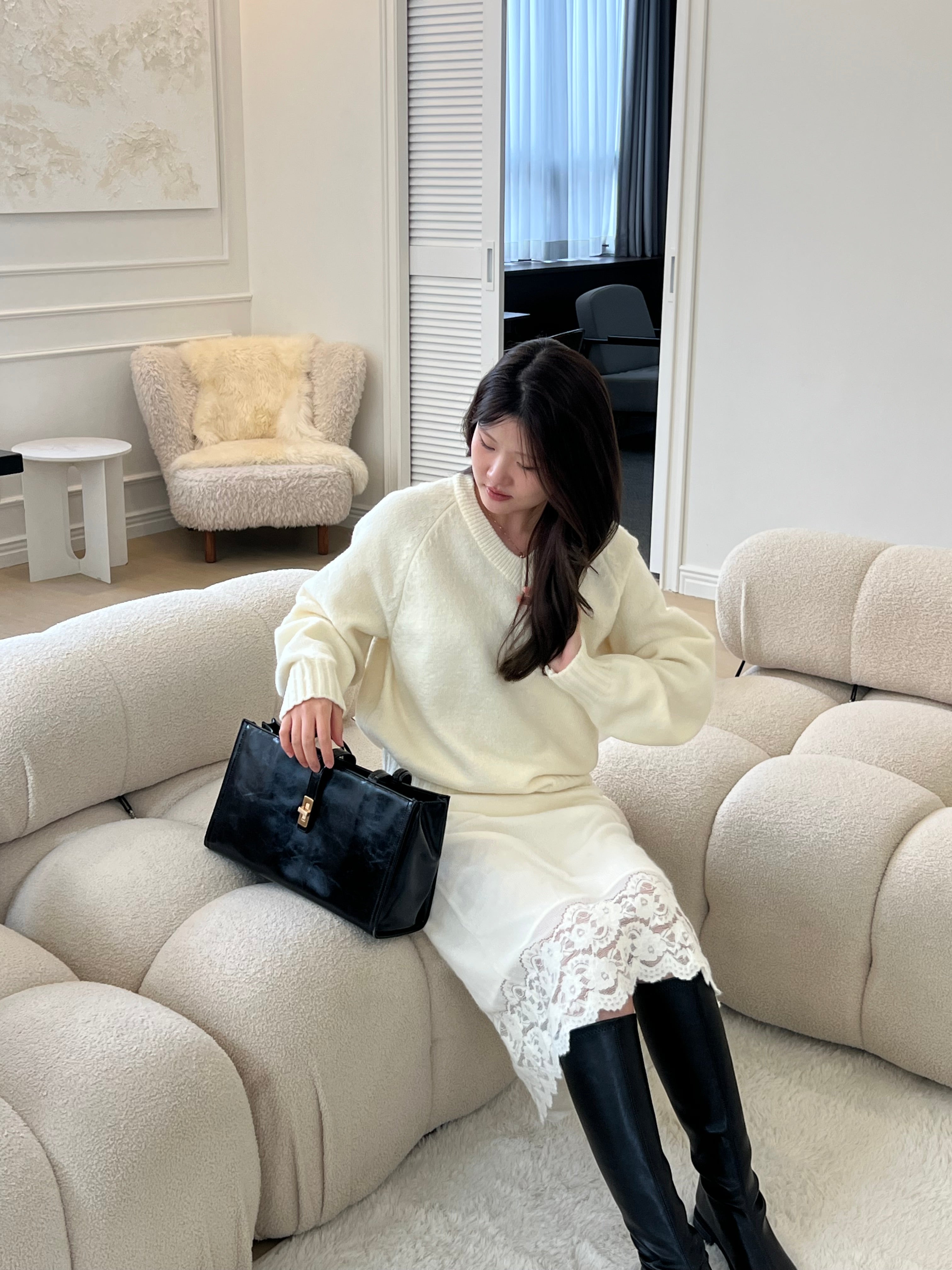 [Best] Lace - Hem Knit Midi Skirt