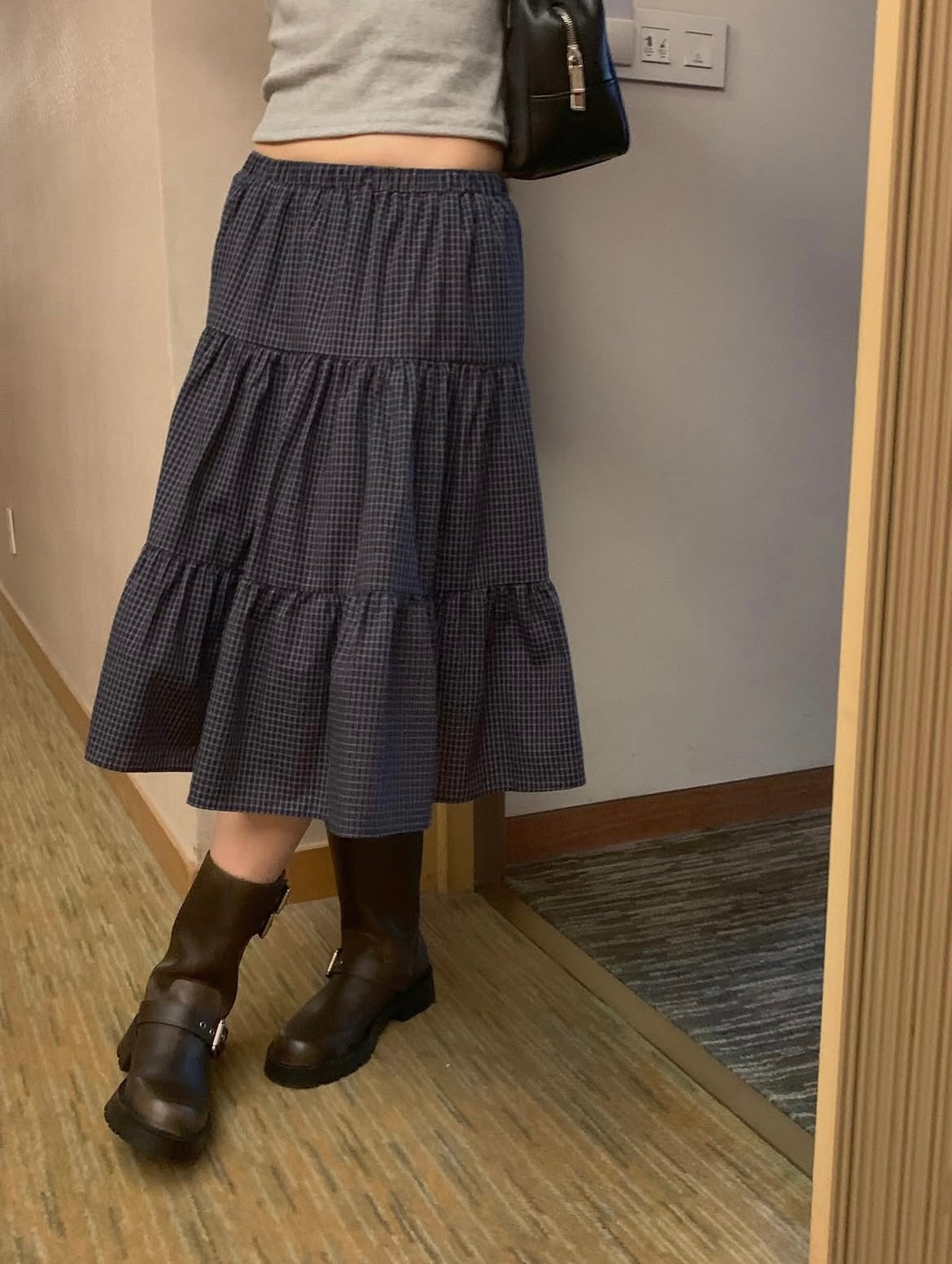 Checked Tiered Midi Skirt