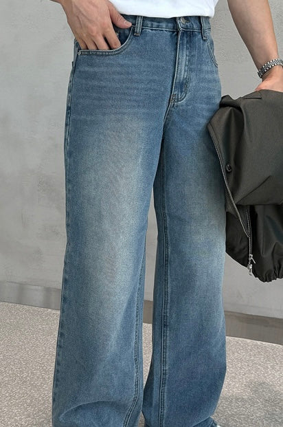 Vintage Brushed-Wash Wide-Leg Denim Pants