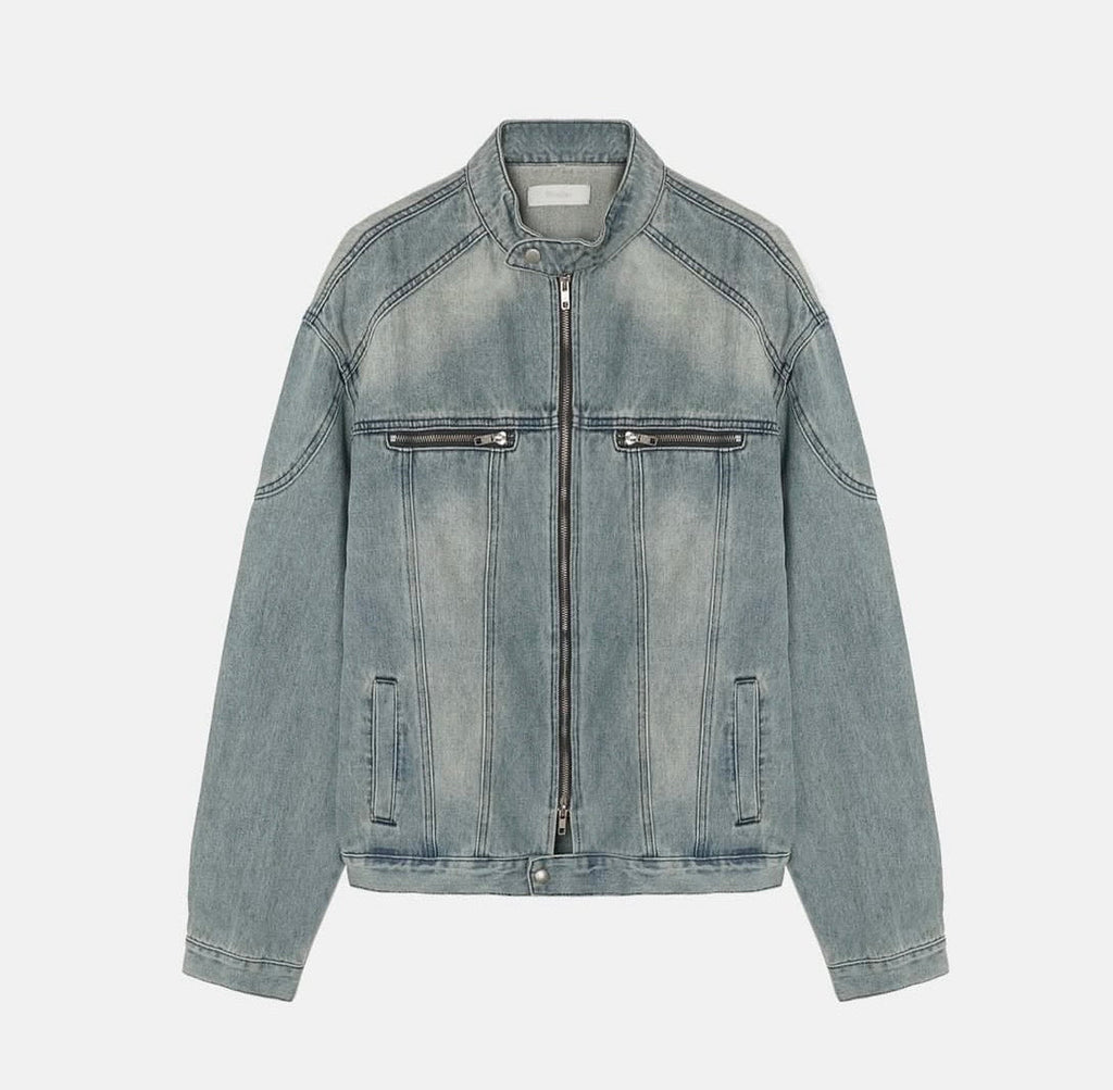 Vintage Washed Denim Biker Jacket