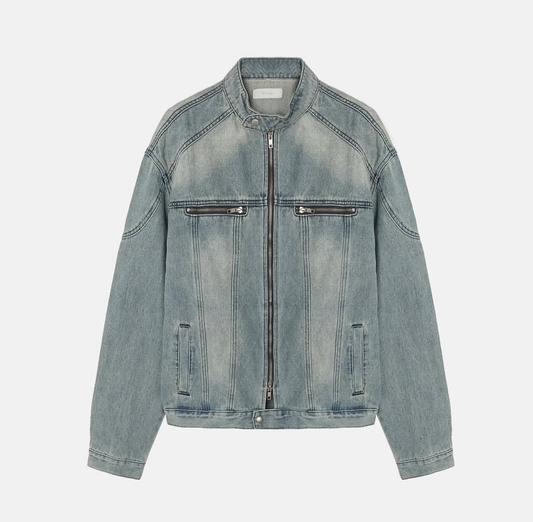 Vintage Washed Denim Biker Jacket