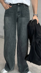 Vintage Brushed-Wash Wide-Leg Denim Pants