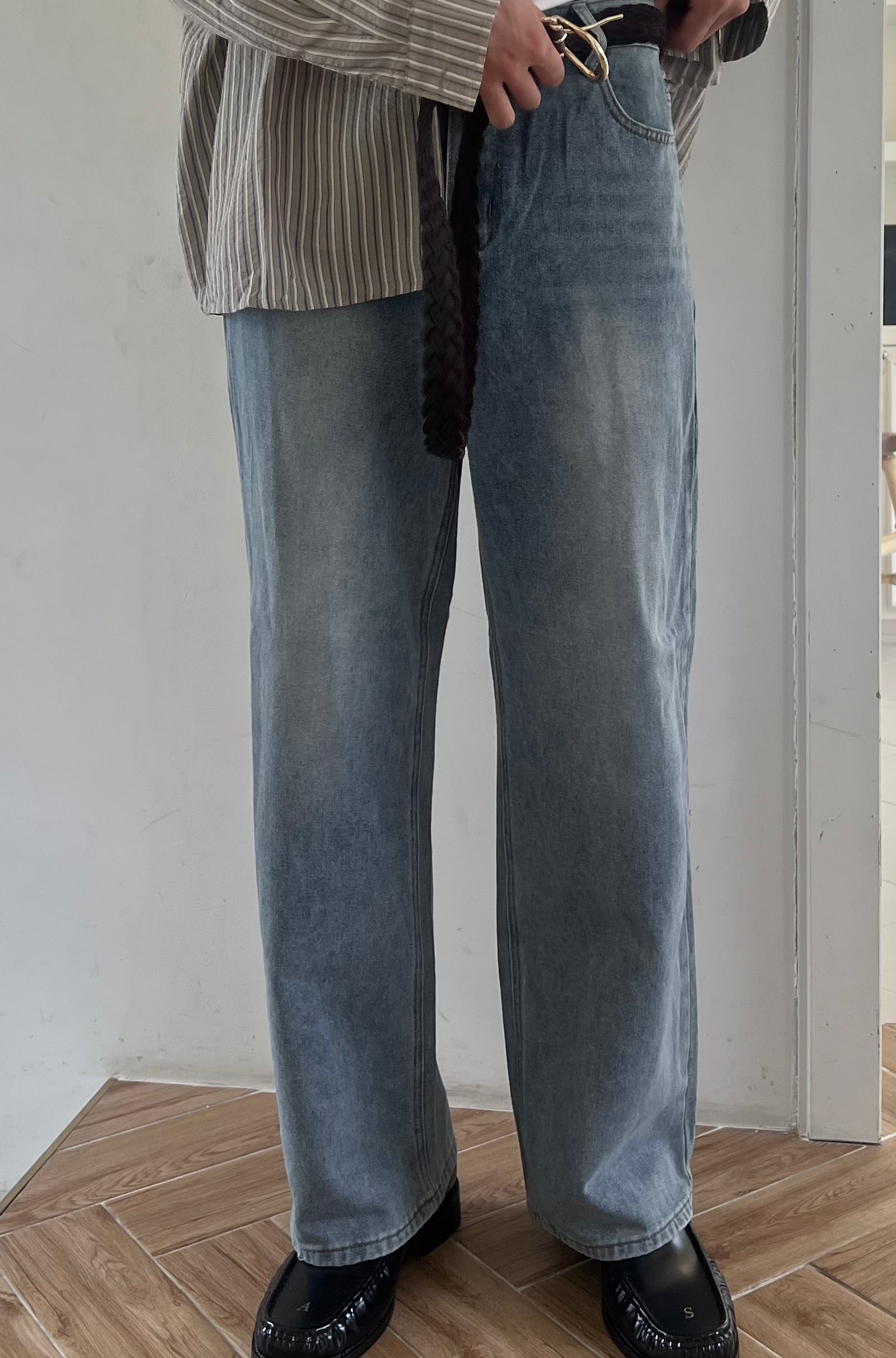 Vintage Brushed-Wash Wide-Leg Denim Pants