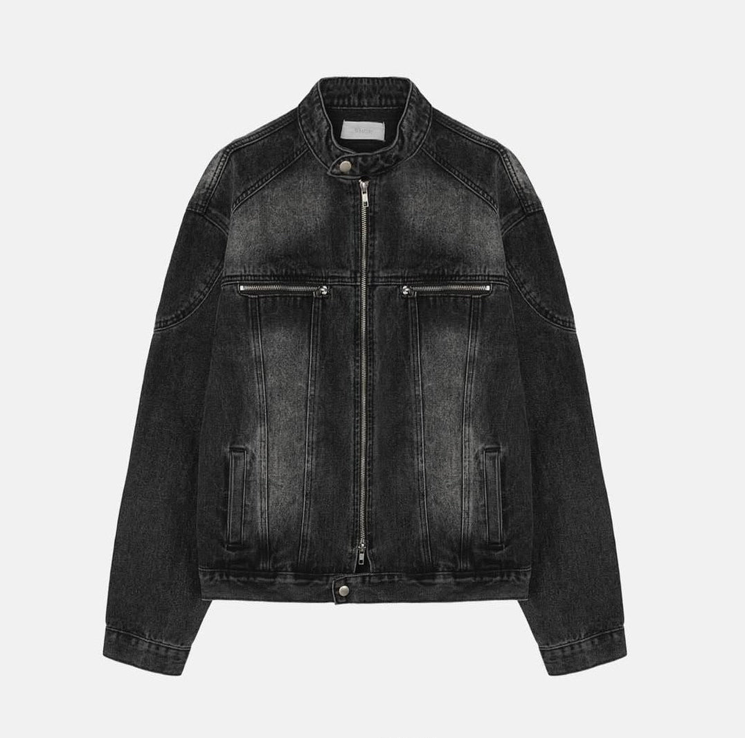 Vintage Washed Denim Biker Jacket