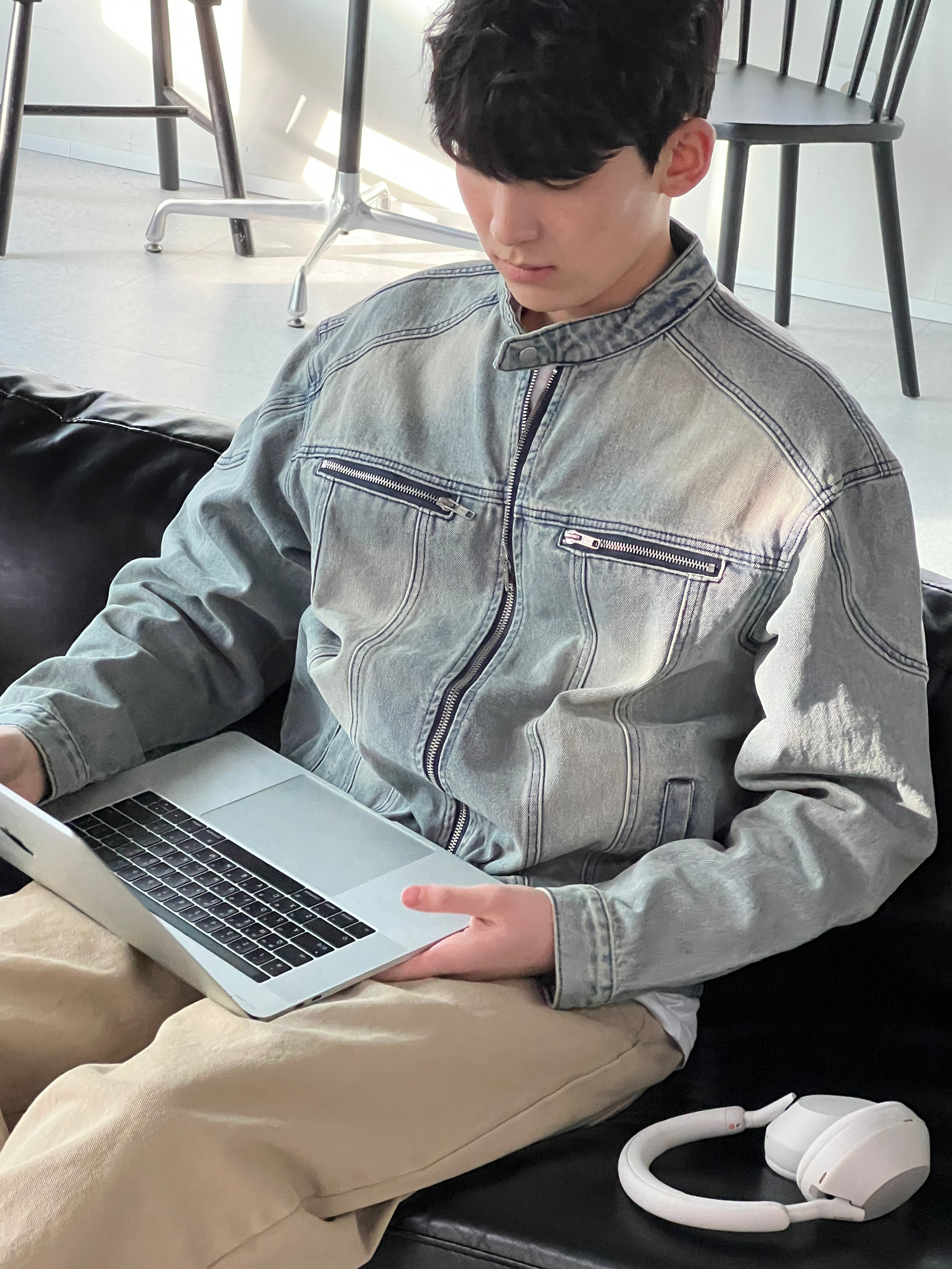 Vintage Washed Denim Biker Jacket