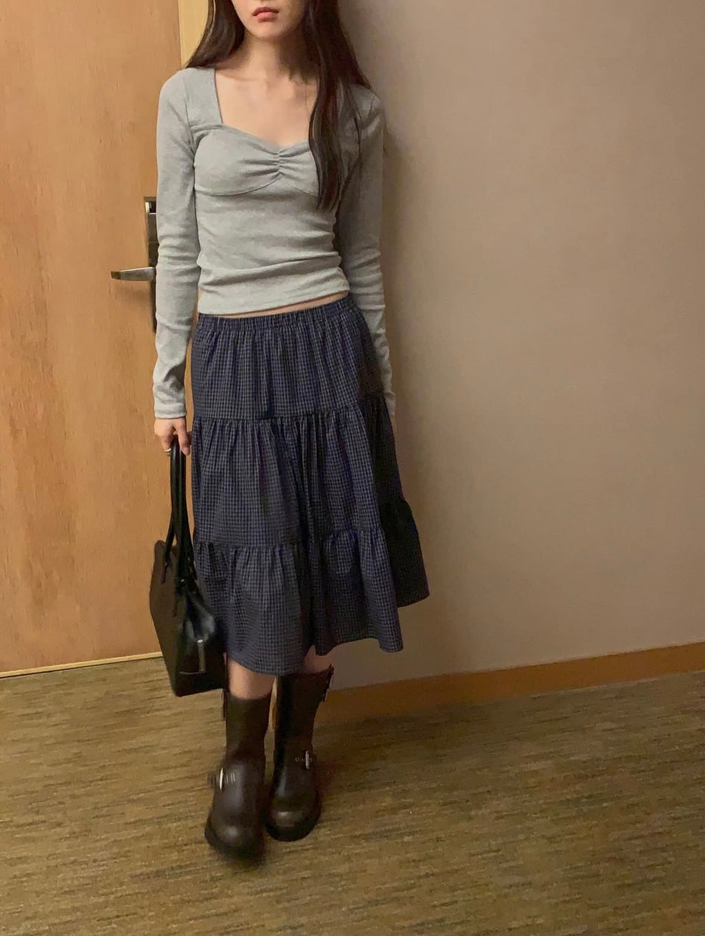 Checked Tiered Midi Skirt